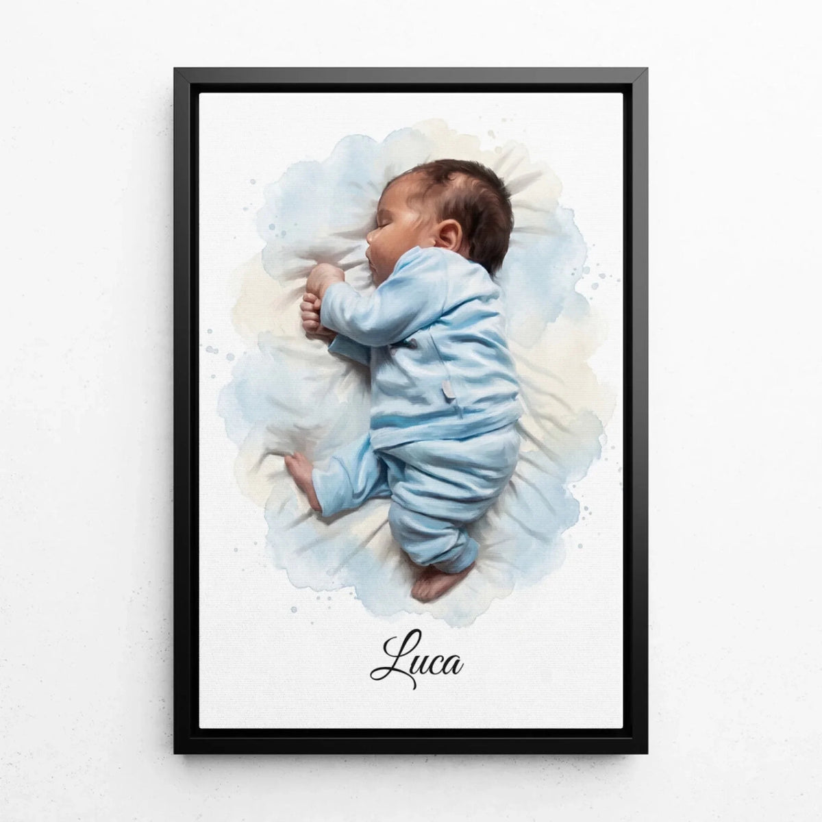 Babyportrait im Aquarell-Stil nach Foto - Leinwand mit schwarzem Rahmen