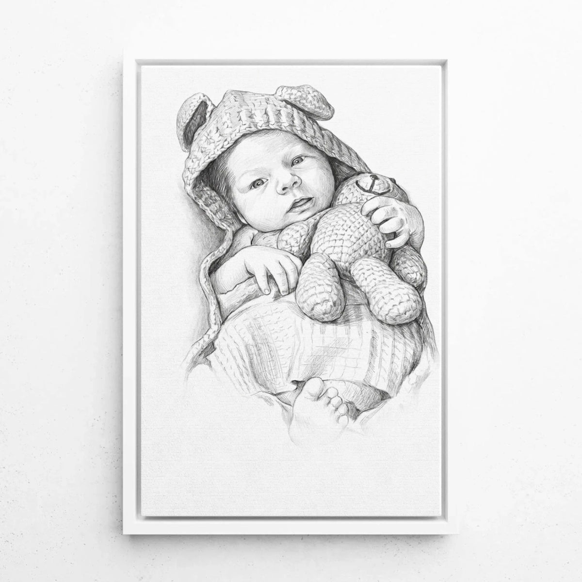 Babyportrait im Bleistift-Stil nach Foto - Leinwand mit weißem Rahmen