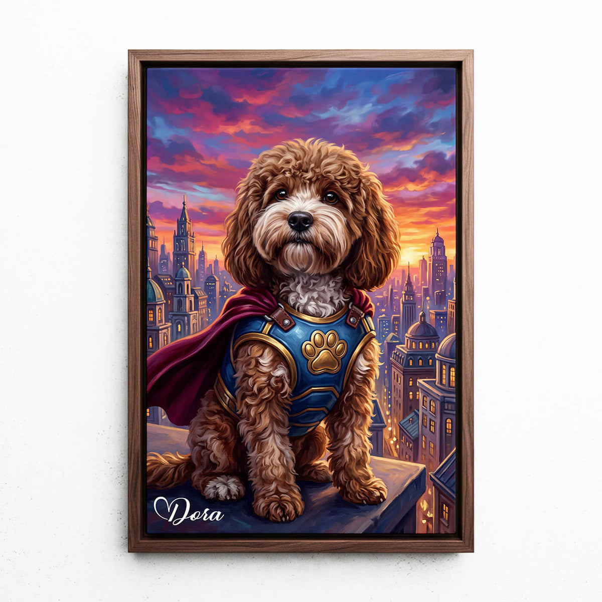 Hundeportrait als Superheld nach Foto - Leinwand mit Rahmen in Walnuss-Optik