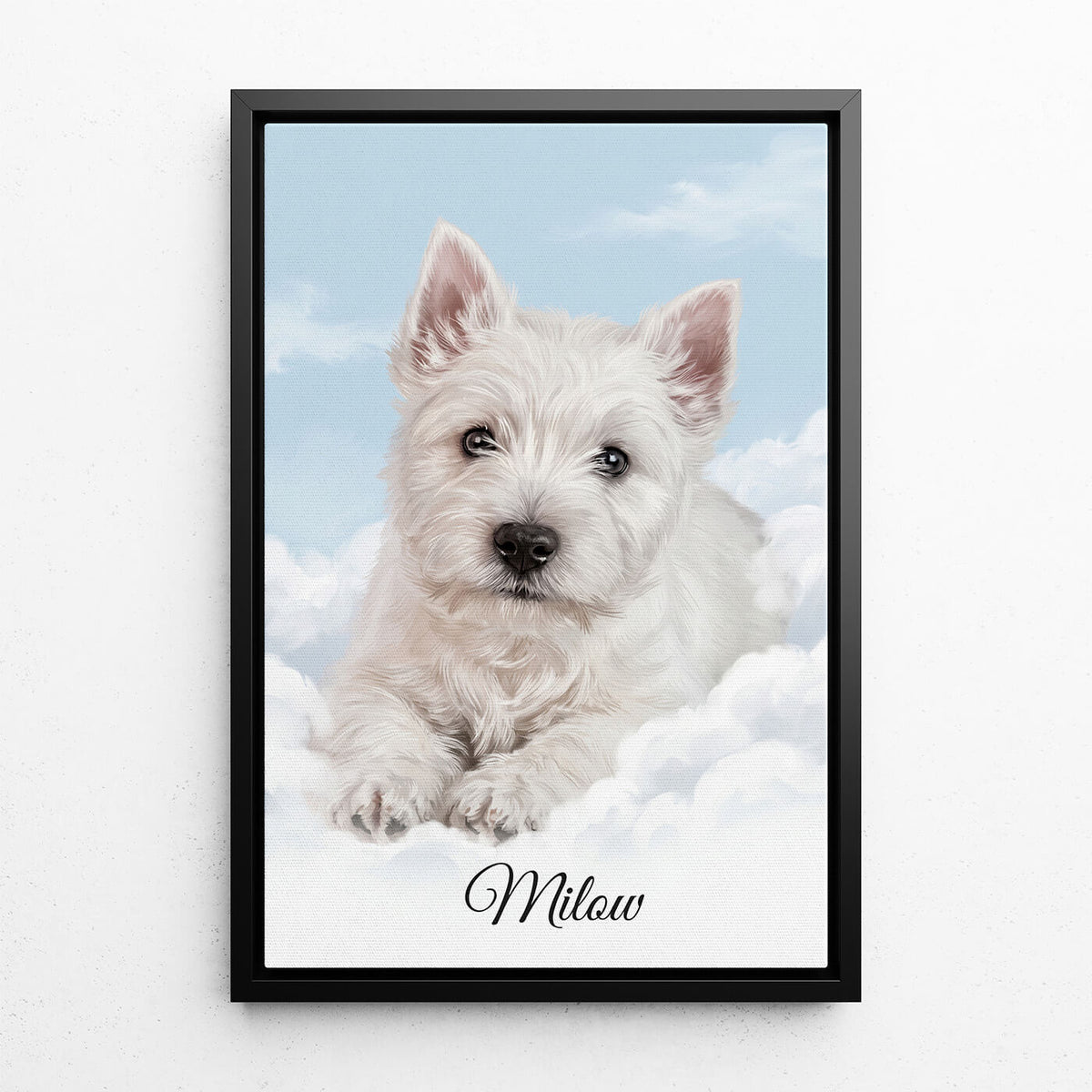 Personalisiertes Hundeportrait auf Wolken nach Foto - Leinwand mit schwarzem Rahmen