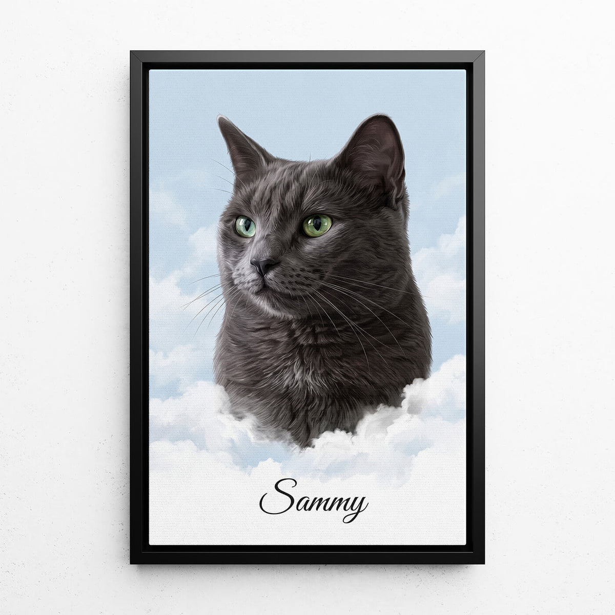 Personalisiertes Katzenportrait auf Wolken nach Foto - Leinwand mit schwarzem Rahmen