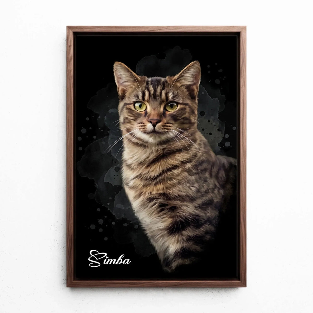 Katzenportrait im Aquarell-Stil - Schwarz nach Foto - Leinwand mit Rahmen in Walnuss-Optik