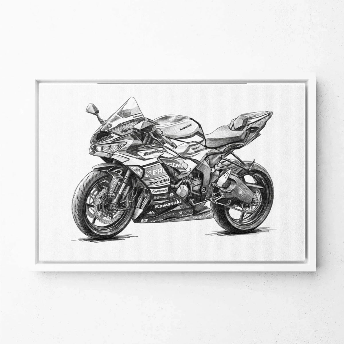 Motorradportrait im Bleistift-Stil (Querformat) nach Foto - Leinwand mit weißem Rahmen