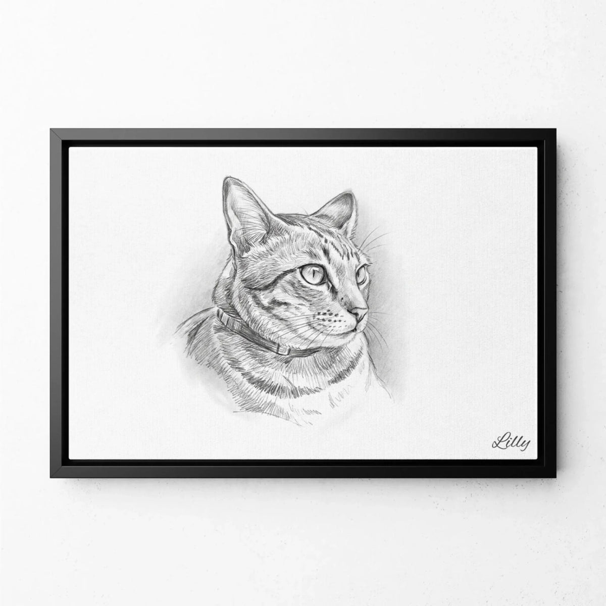 Katzenportrait im Bleistift-Stil (Querformat) - Rahmen Schwarz
