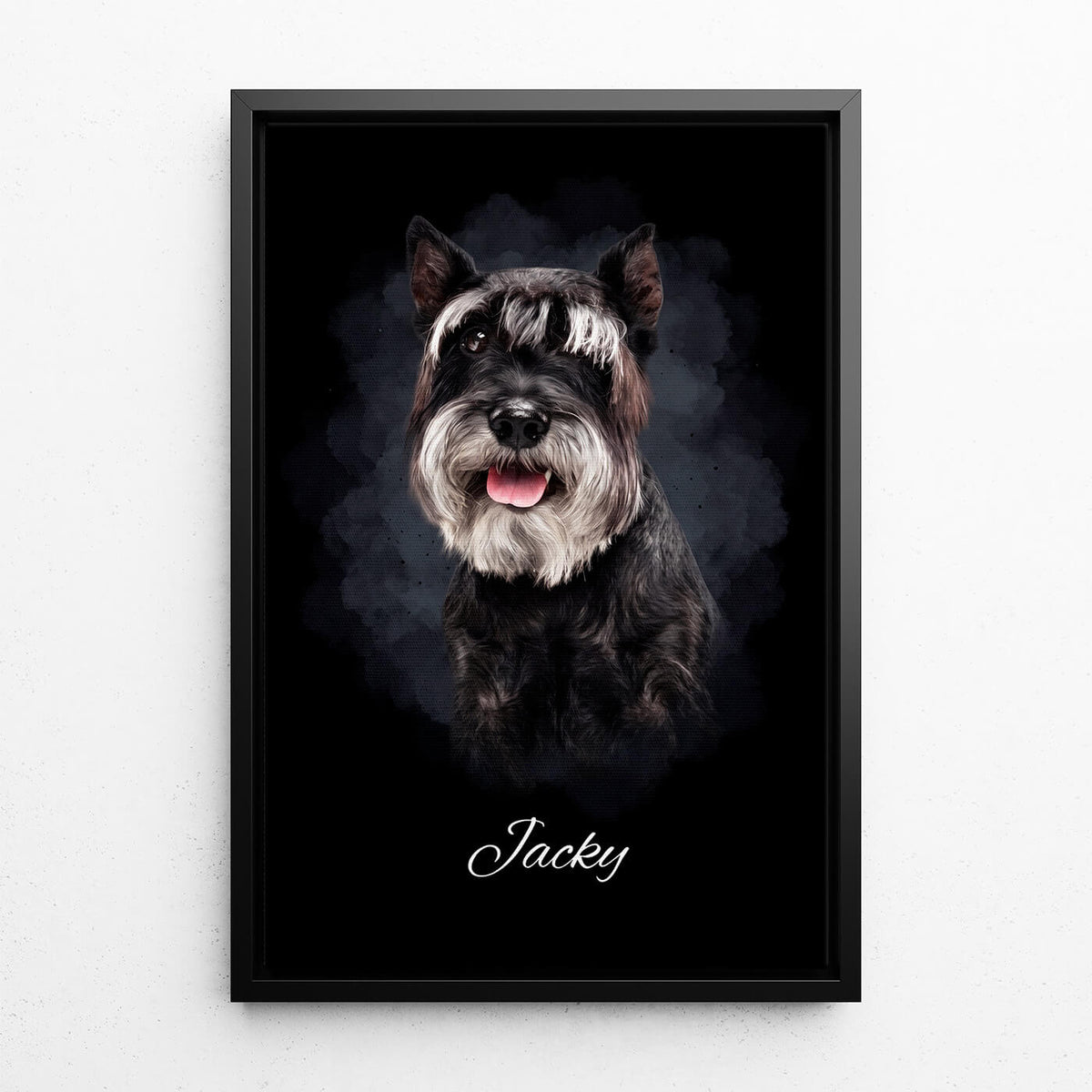Hundeportrait im Aquarell-Stil - Schwarz nach Foto - Leinwand mit schwarzem Rahmen