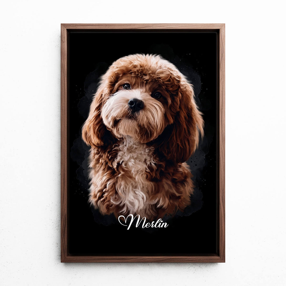 Hundeportrait im Aquarell-Stil - Schwarz nach Foto - Leinwand mit Rahmen in Walnuss-Optik