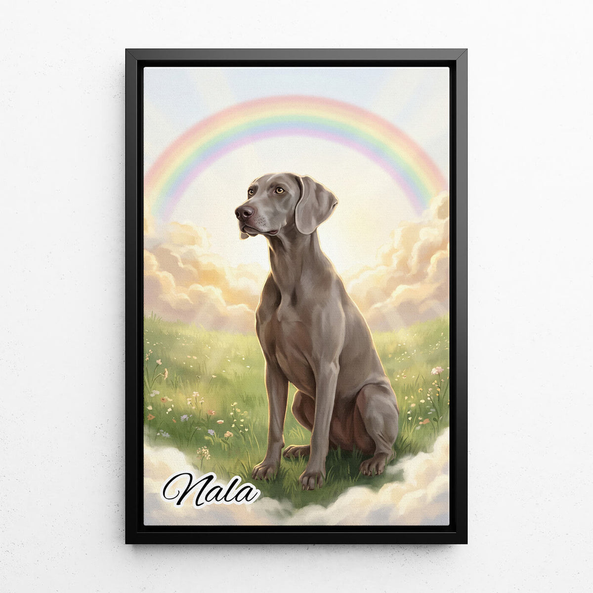 Hundeportrait an der Regenbogenbrücke nach Foto - Leinwand mit schwarzem Rahmen