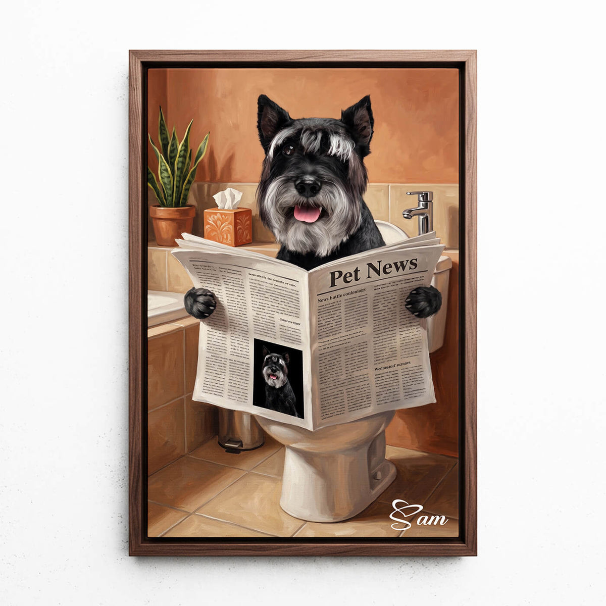 Lustiges Hundeportrait auf der Toilette nach Foto - Leinwand mit Rahmen in Walnuss-Optik