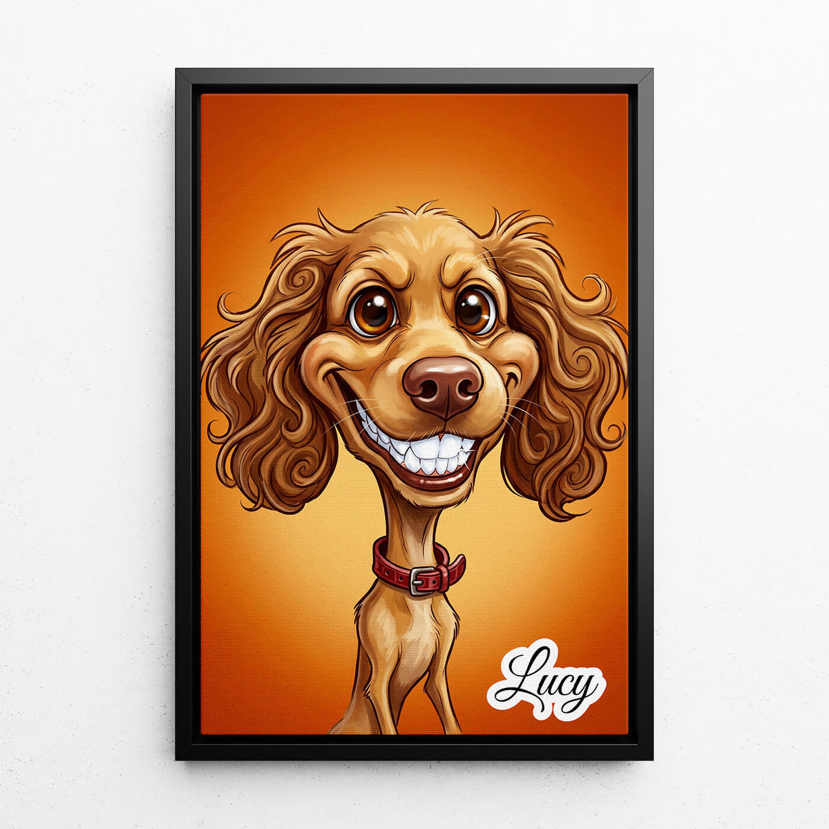 Hundeportrait im Karikatur-Stil nach Foto - Leinwand mit schwarzem Rahmen