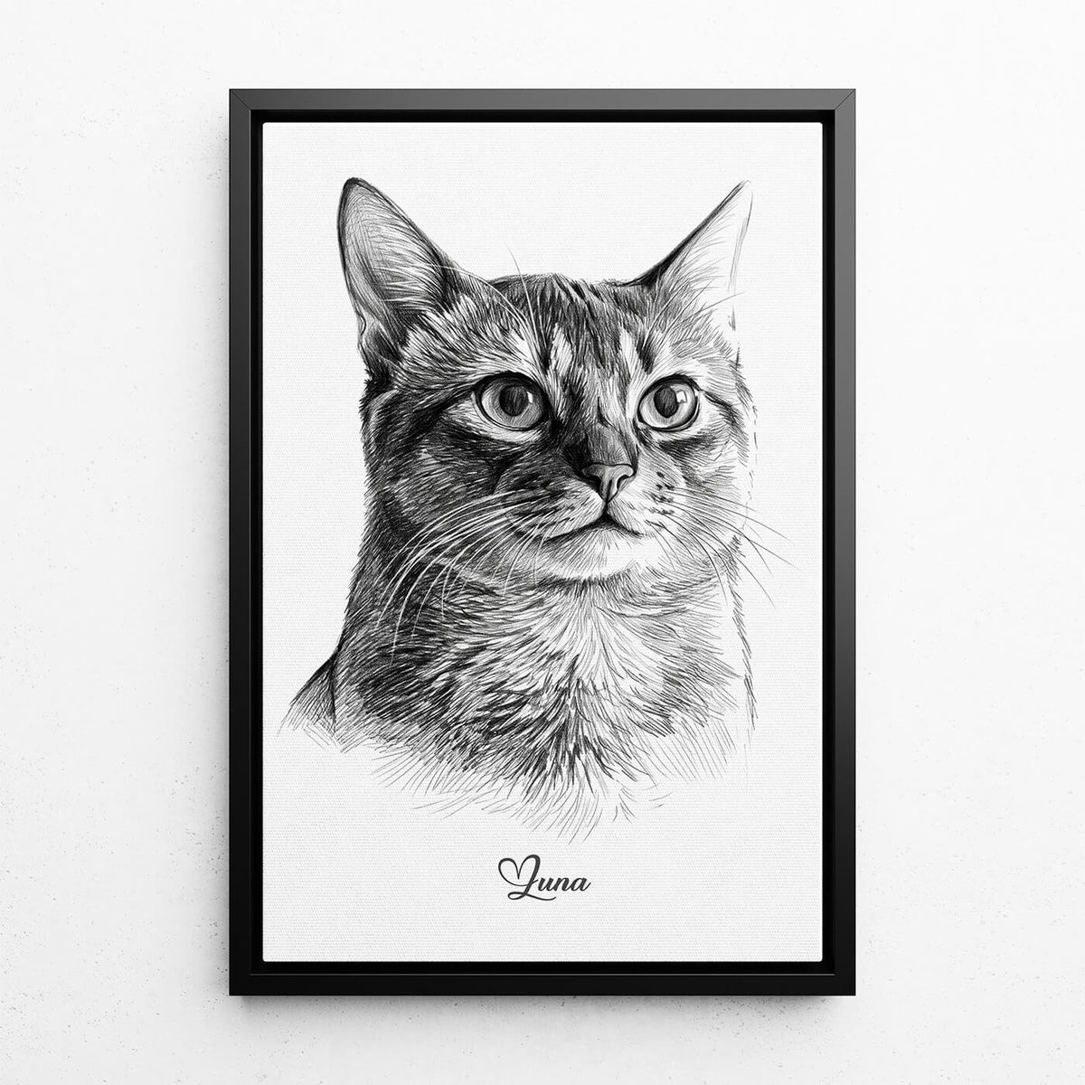 Katzenportrait im Bleistift-Stil nach Foto - Leinwand mit schwarzem Rahmen