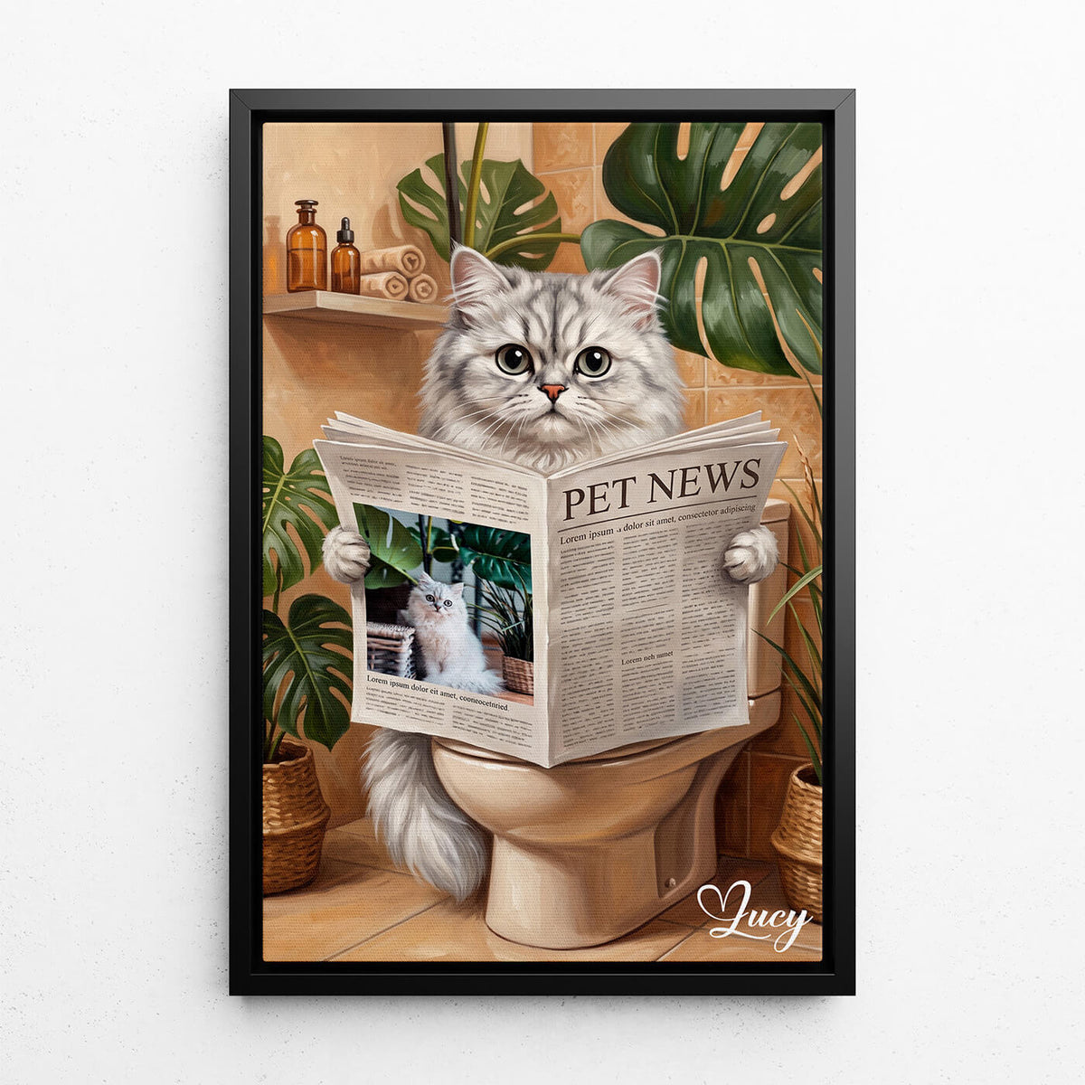 Lustiges Katzenportrait auf der Toilette nach Foto - Leinwand mit schwarzem Rahmen