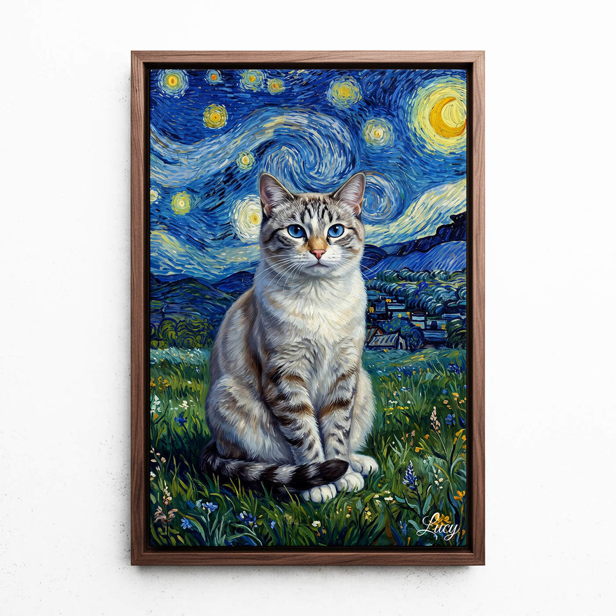 Katzenportrait im Van-Gogh Stil nach Foto - Leinwand mit Rahmen in Walnuss-Optik
