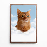 Hundeportrait auf Wolken nach Foto - Leinwand mit Rahmen in Walnuss-Optik
