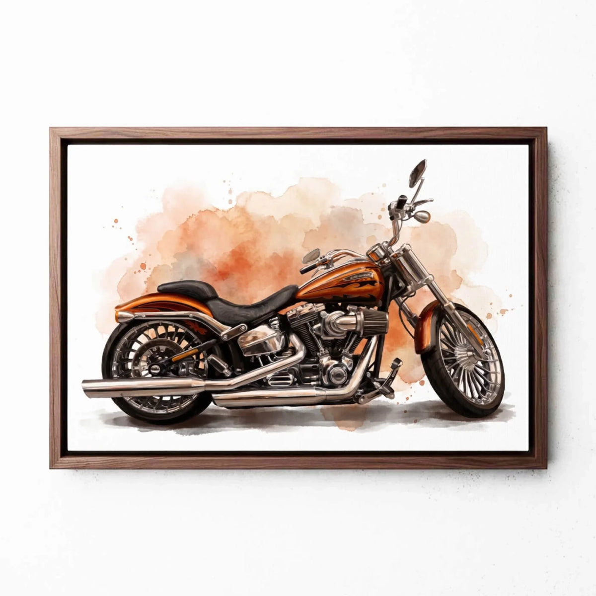 Motorradportrait im Aquarell-Stil (Querformat) nach Foto - Leinwand mit Rahmen in Walnuss-Optik