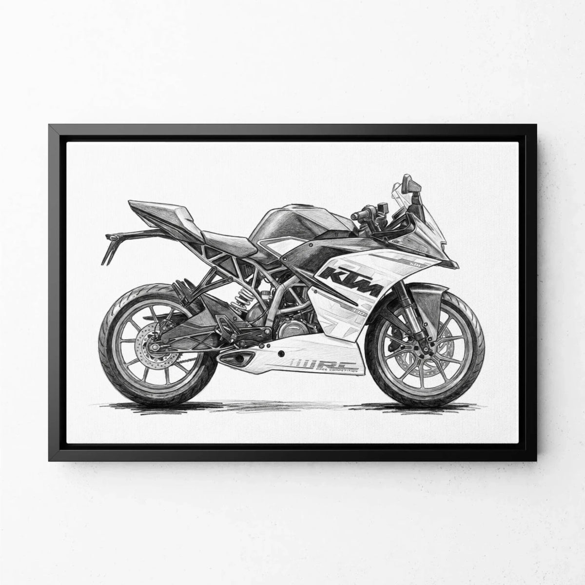 Motorradportrait im Bleistift-Stil (Querformat) nach Foto - Leinwand mit schwarzem Rahmen