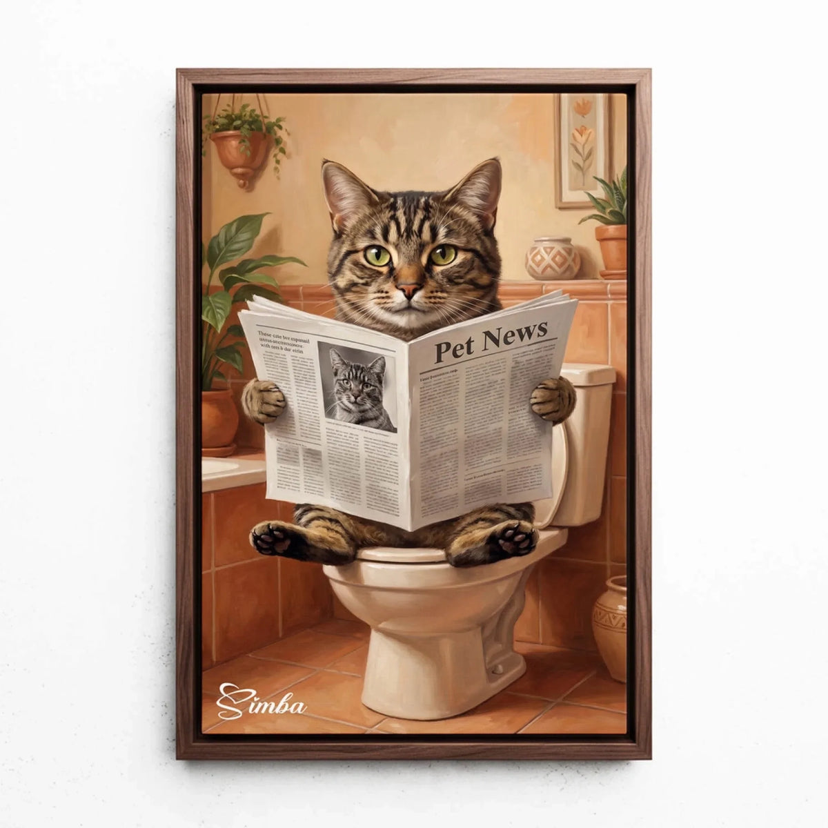 Lustiges Katzenportrait auf der Toilette nach Foto - Leinwand mit Rahmen in Walnuss-Optik