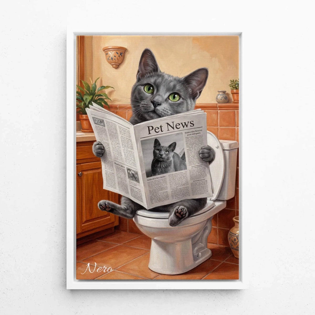 Lustiges Katzenportrait auf der Toilette nach Foto - Leinwand mit weißem Rahmen