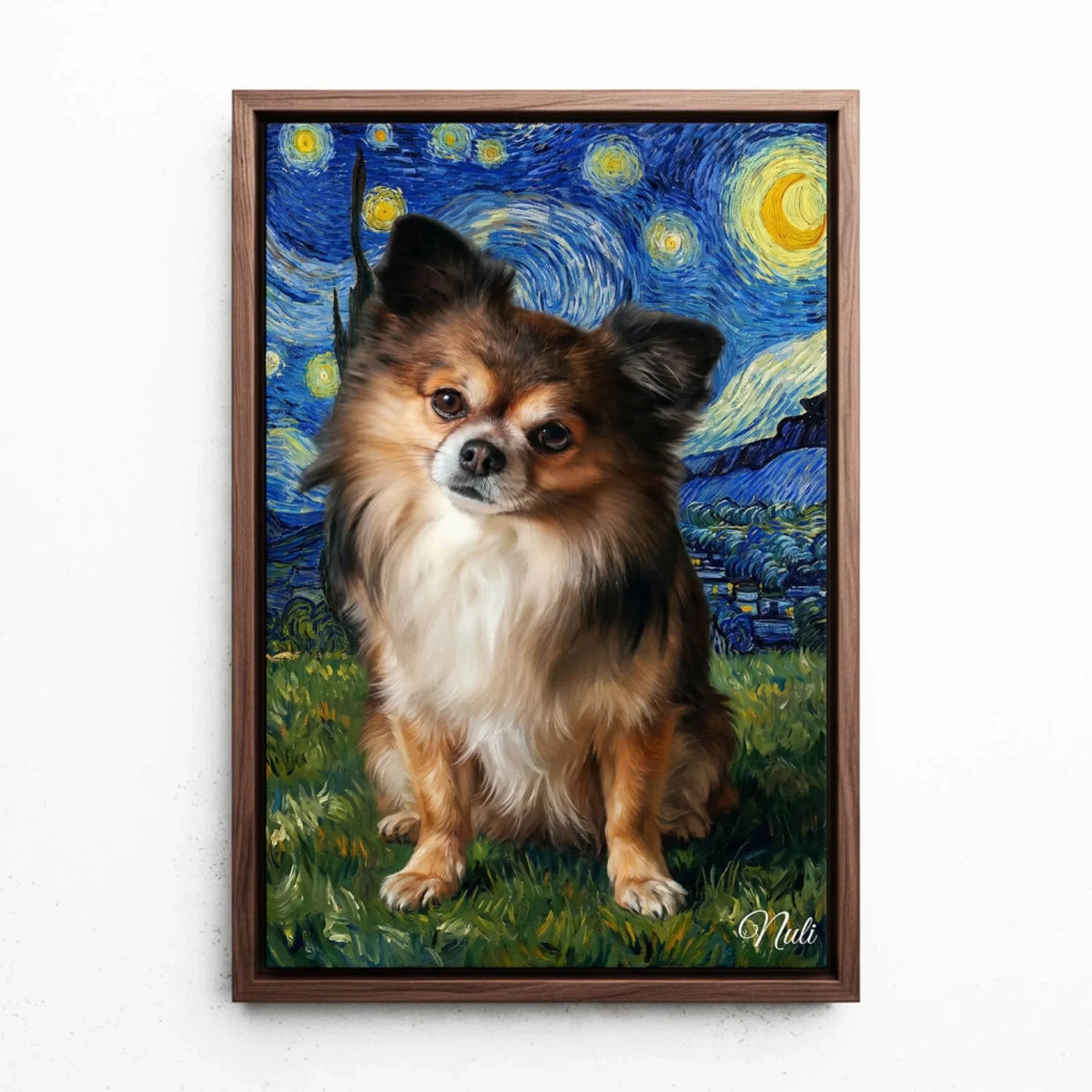 Hundeportrait im Van-Gogh Stil nach Foto - Leinwand mit Rahmen in Walnuss-Optik