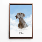 Hundeportrait auf Wolken nach Foto - Leinwand mit Rahmen in Walnuss-Optik