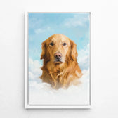 Hundeportrait auf Wolken nach Foto - Leinwand mit weißem Rahmen