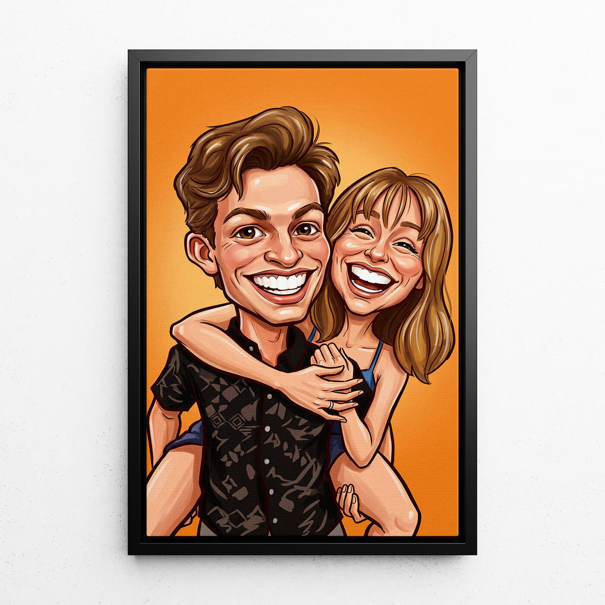 Paar- & Familienportrait im Karikatur-Stil nach Foto - Leinwand mit schwarzem Rahmen