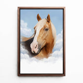 Hundeportrait auf Wolken nach Foto - Leinwand mit Rahmen in Walnuss-Optik