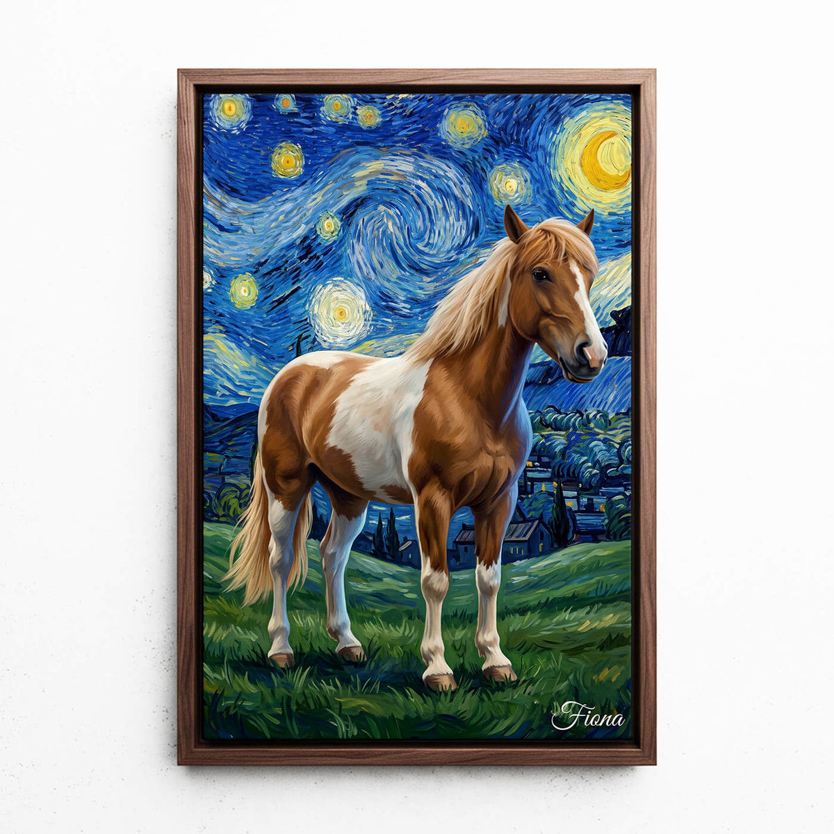 Pferdeportrait im Van-Gogh Stil nach Foto - Leinwand mit Rahmen in Walnuss-Optik